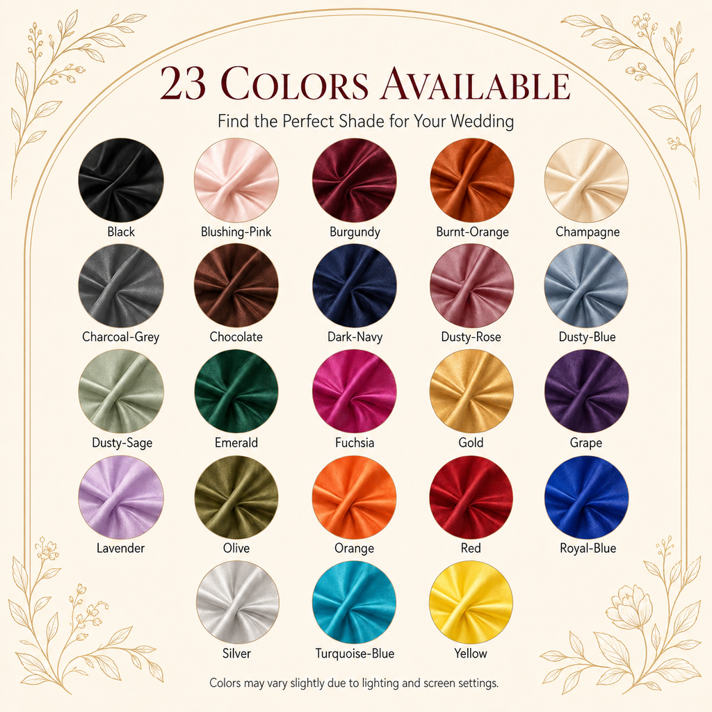 color:ALL | A color chart graphic showing 23 satin fabric color options arranged in a grid on a cream background with decorative floral borders. Text at the top reads '23 COLORS AVAILABLE' and each swatch has a color name underneath, including Black, Blushing-Pink, Burgundy, Burnt-Orange, Champagne, Charcoal-Grey, Chocolate, Dark-Navy, Dusty-Rose, Dusty-Blue, Dusty-Sage, Emerald, Fuchsia, Gold, Purple, Lavender, Olive, Orange, Red, Royal-Blue, Silver, Turquoise-Blue, and Yellow.