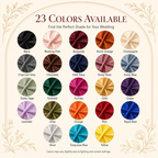 color:ALL | A color chart graphic showing 23 satin fabric color options arranged in a grid on a cream background with decorative floral borders. Text at the top reads '23 COLORS AVAILABLE' and each swatch has a color name underneath, including Black, Blushing-Pink, Burgundy, Burnt-Orange, Champagne, Charcoal-Grey, Chocolate, Dark-Navy, Dusty-Rose, Dusty-Blue, Dusty-Sage, Emerald, Fuchsia, Gold, Purple, Lavender, Olive, Orange, Red, Royal-Blue, Silver, Turquoise-Blue, and Yellow.
