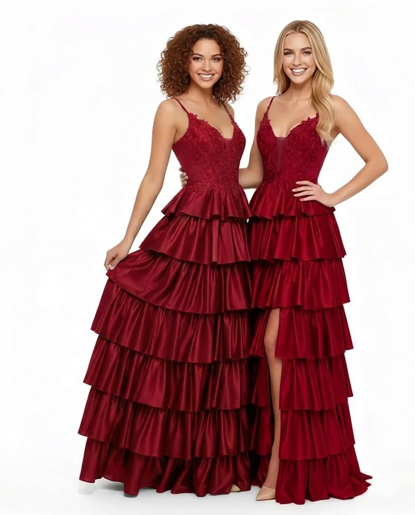 Ariana â€?V-Neck Lace Appliqué Satin Prom Dress with Tiered Ruffles & High Thigh Slit