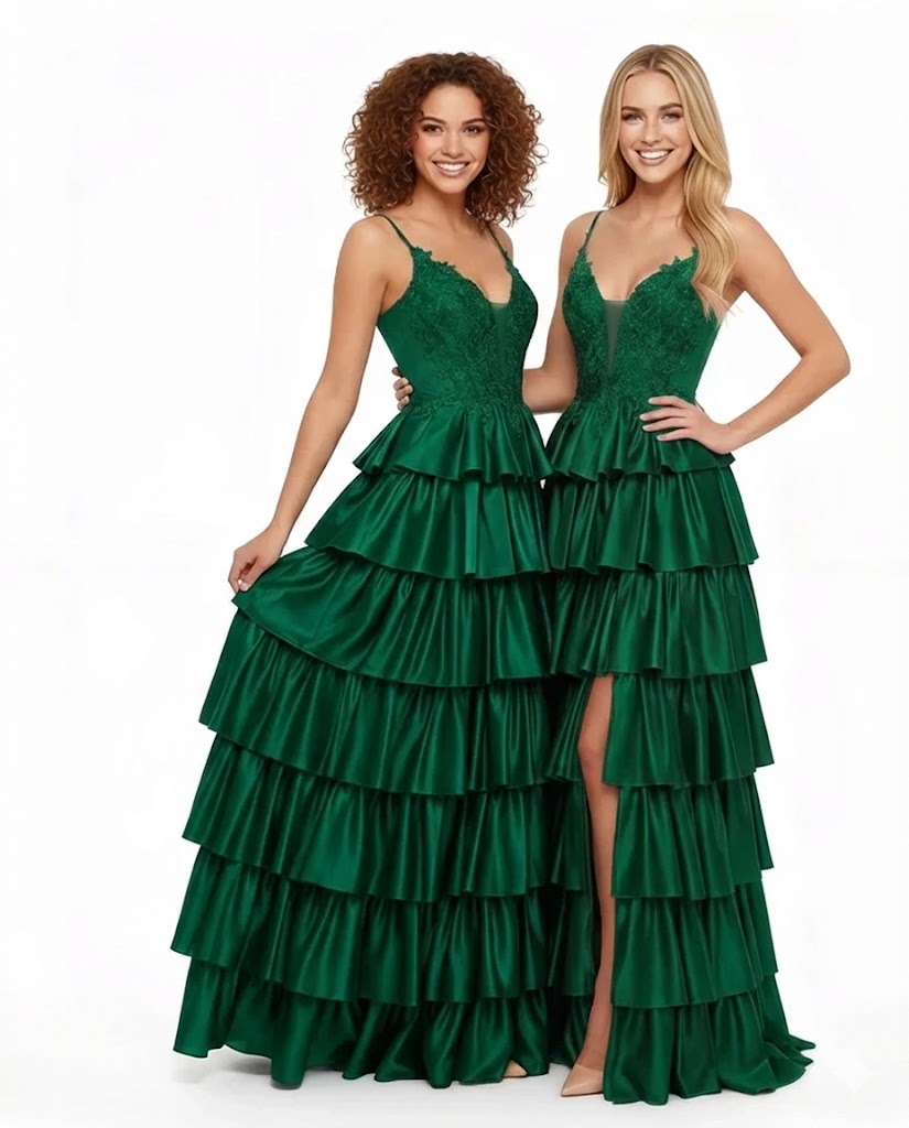 Ariana â€?V-Neck Lace Appliqué Satin Prom Dress with Tiered Ruffles & High Thigh Slit