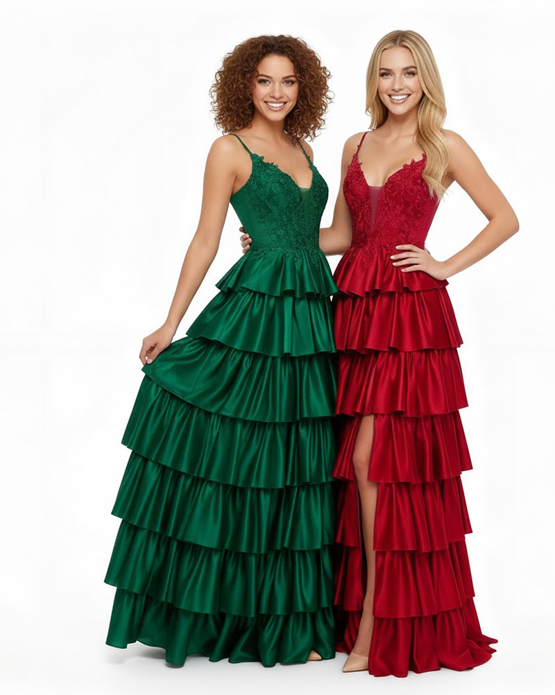 Ariana â€?V-Neck Lace Appliqué Satin Prom Dress with Tiered Ruffles & High Thigh Slit