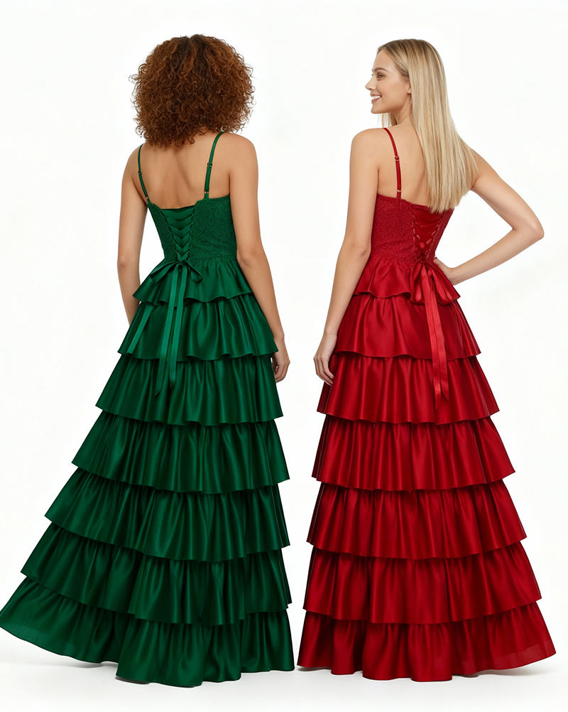 Ariana V-Neck Lace Applique Satin Prom Dress with Tiered Ruffles & High Thigh Slit