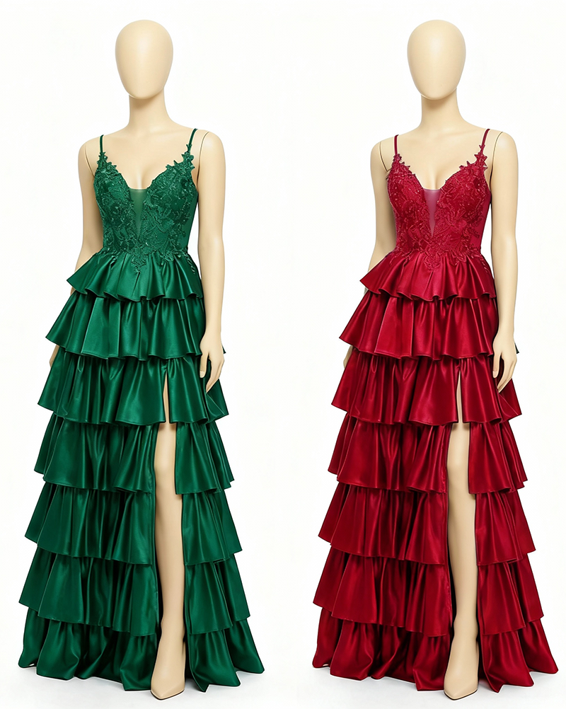 Ariana V-Neck Lace Applique Satin Prom Dress with Tiered Ruffles & High Thigh Slit