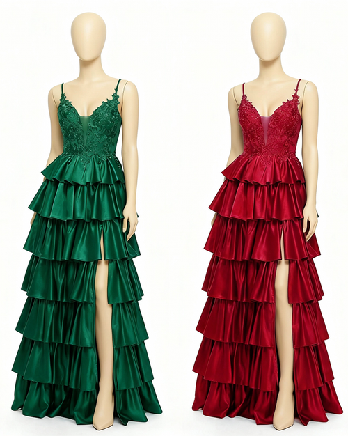 Ariana â€?V-Neck Lace Appliqué Satin Prom Dress with Tiered Ruffles & High Thigh Slit