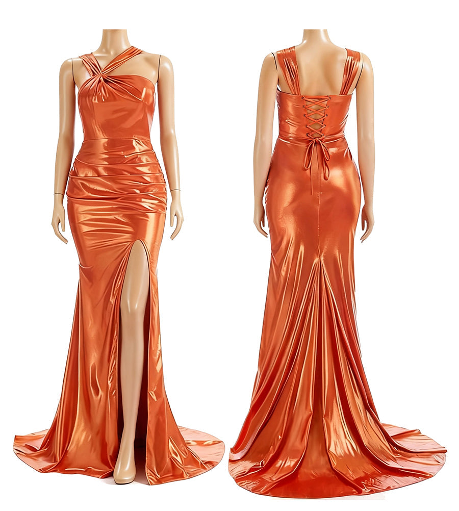 Imani - Metallic Mermaid Evening Gown Dress with Asymmetric Straps & High Thigh Slit