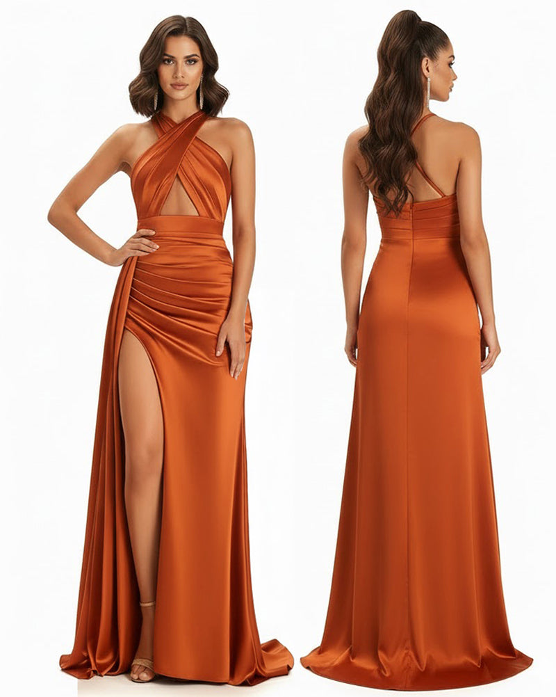 Aveline ¨C Criss-Cross Halter Maxi Dress with Keyhole Bodice & High Thigh Slit
