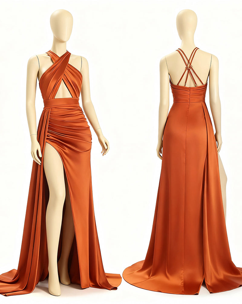 Aveline ¨C Criss-Cross Halter Maxi Dress with Keyhole Bodice & High Thigh Slit
