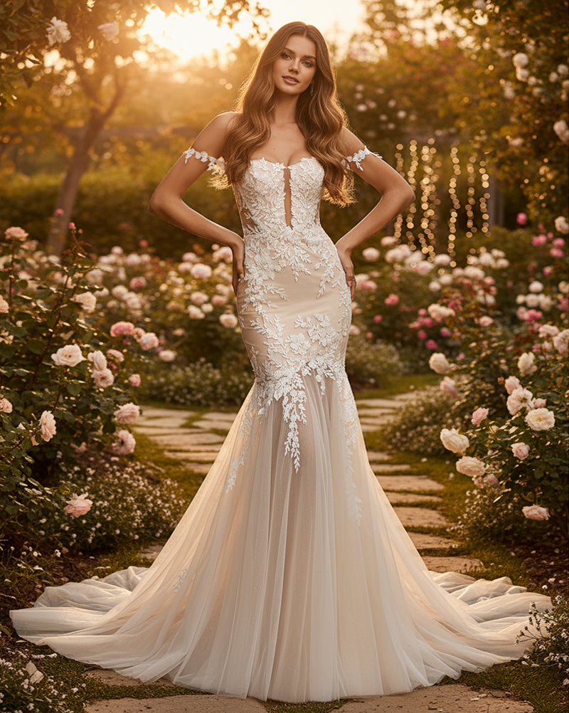 Isabella - Beaded Mermaid Wedding Gown with Off-the-Shoulder Lace & Chapel Train