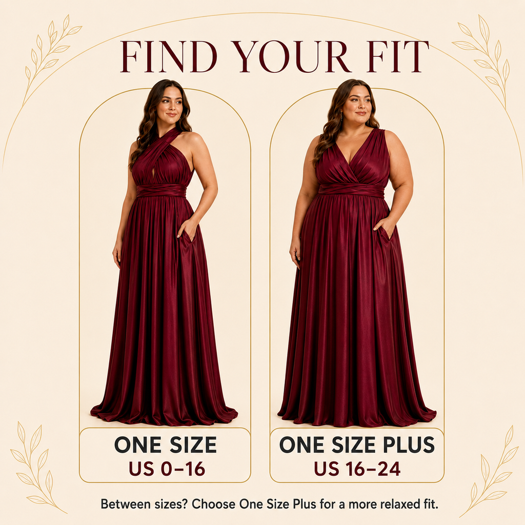 color:ALL | A fit guide graphic for a floor-length burgundy dress, showing two full-body views of a woman modeling the same dress style on a cream background. The left panel is labeled 'ONE SIZE US 0-16' and the right panel 'ONE SIZE PLUS US 16-24,' with the headline 'FIND YOUR FIT' at the top.