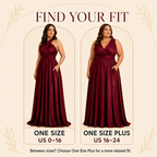 color:ALL | A fit guide graphic for a floor-length burgundy dress, showing two full-body views of a woman modeling the same dress style on a cream background. The left panel is labeled 'ONE SIZE US 0-16' and the right panel 'ONE SIZE PLUS US 16-24,' with the headline 'FIND YOUR FIT' at the top.