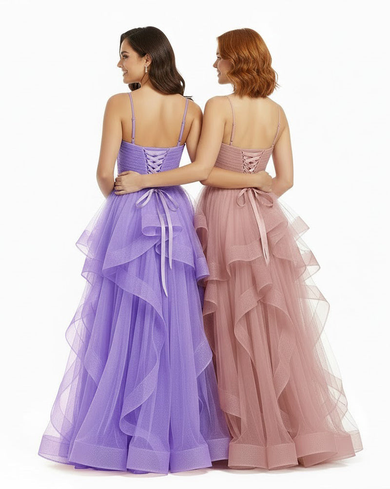 Celeste - V-Neck Tiered Tulle Ball Gown Prom Dress with Lace-Up Back & Thigh Slit