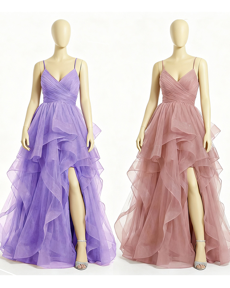 Celeste - V-Neck Tiered Tulle Ball Gown Prom Dress with Lace-Up Back & Thigh Slit