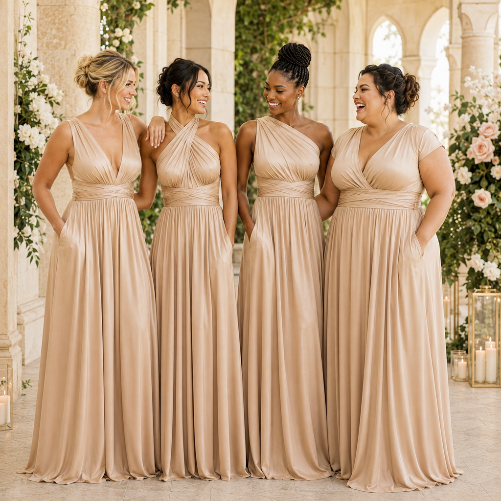 color:Champagne | Four women wearing matching champagne beige bridesmaid dresses standing together in a grand, classical colonnade with floral arrangements.