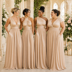 color:Champagne | Four women wearing matching champagne beige bridesmaid dresses standing together in a grand, classical colonnade with floral arrangements.