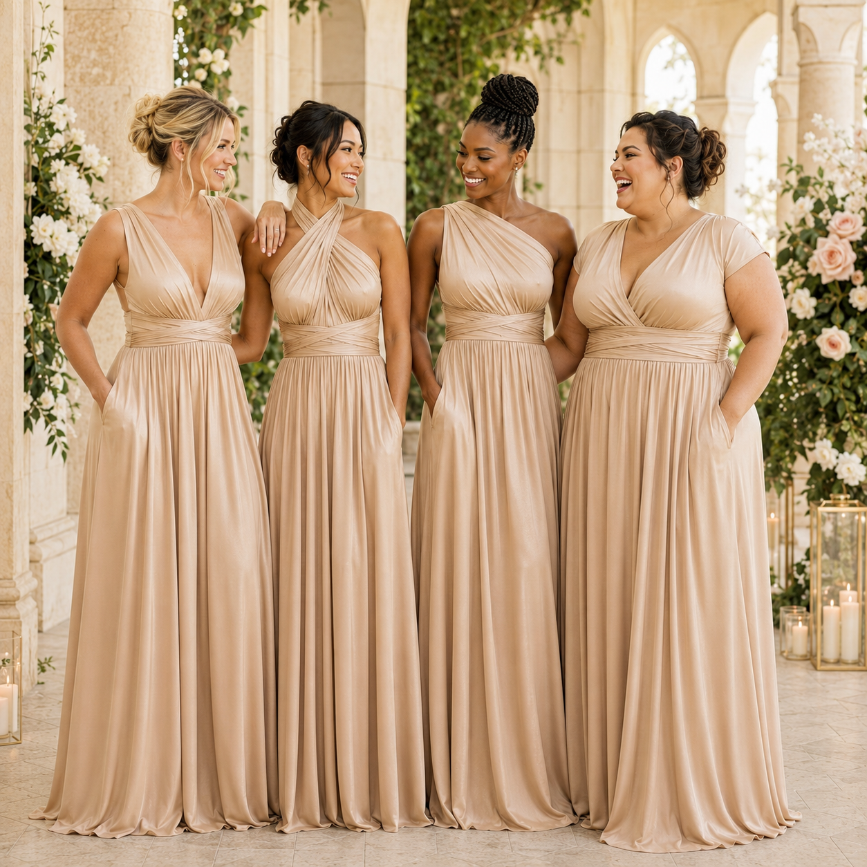 color:Champagne | Four women wearing matching champagne beige bridesmaid dresses standing together in a grand, classical colonnade with floral arrangements.