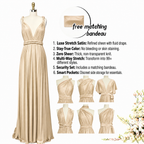 color:Champagne | A champagne beige satin maxi dress displayed on a mannequin against a white background, with product features, a matching bandeau inset, and six smaller mannequin views showing different wrap-style variations.