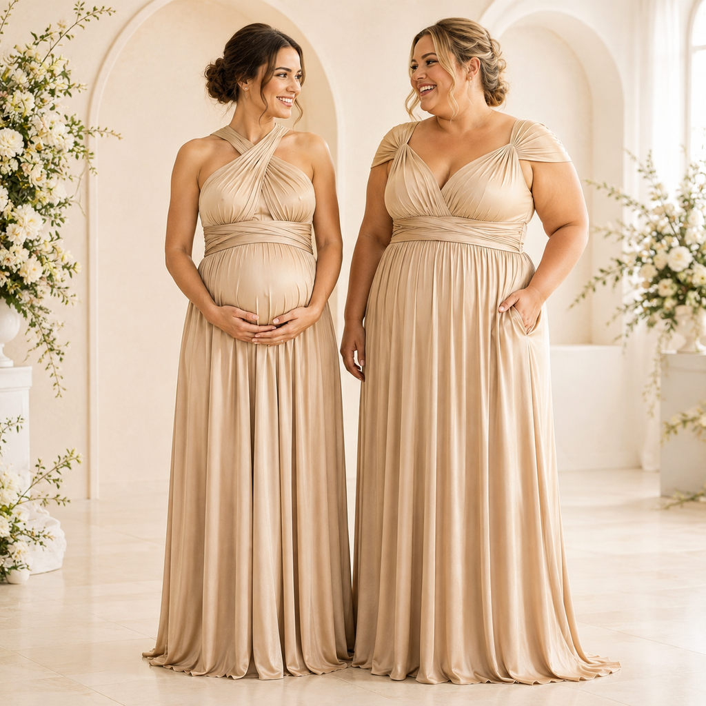 color:Champagne | Two women wearing matching champagne beige formal gowns stand in a softly lit arched interior with floral arrangements. The dress on the left is a halter-neck maternity gown with a draped wrap design, and the dress on the right is a V-neck gown with cap sleeves and a gathered waist.