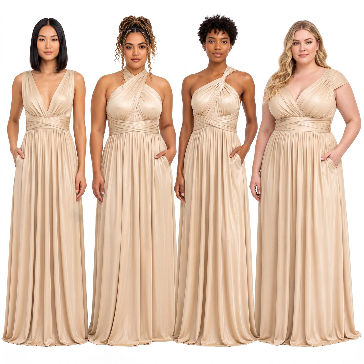 color:Champagne | Four women modeling floor-length champagne beige bridesmaid dresses with different neckline and sleeve designs, shown against a plain white background.