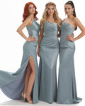 Chloe ¨C One-Shoulder Satin Mermaid Bridesmaid Gown with Side Slit
