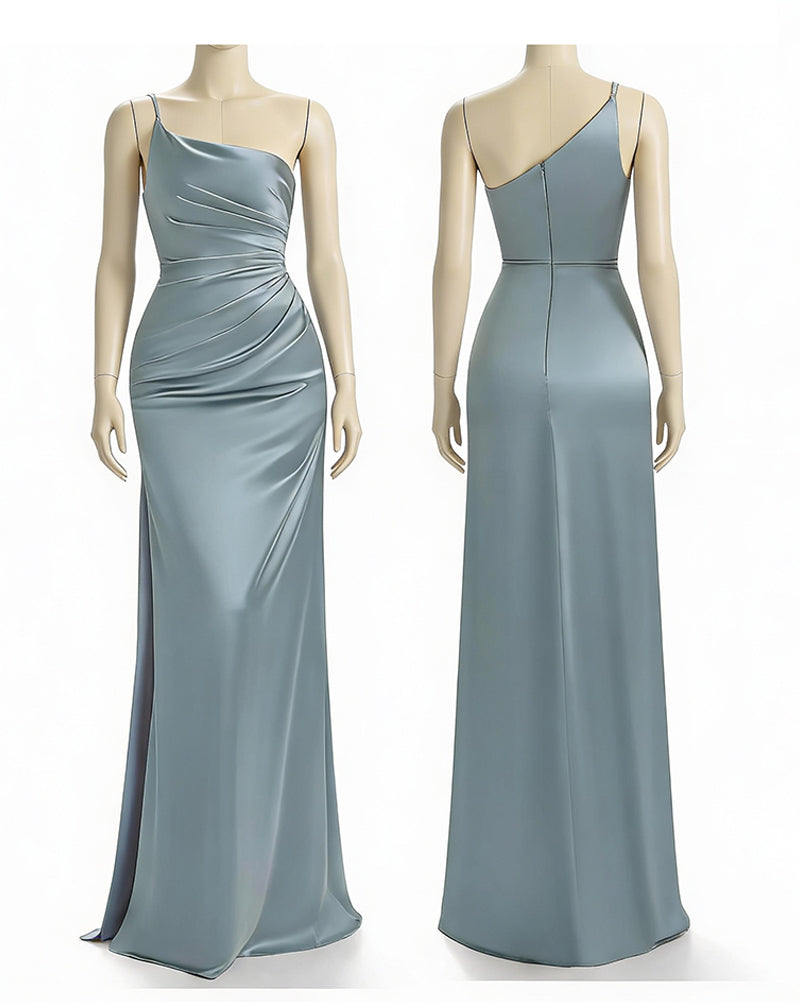Chloe ¨C One-Shoulder Satin Mermaid Bridesmaid Gown with Side Slit