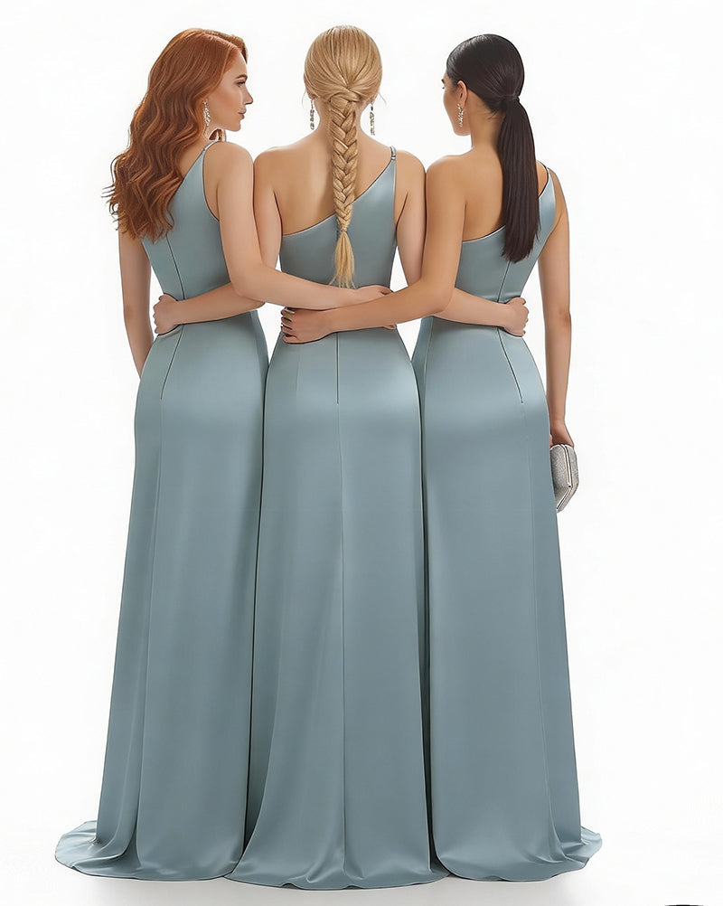 Chloe ¨C One-Shoulder Satin Mermaid Bridesmaid Gown with Side Slit