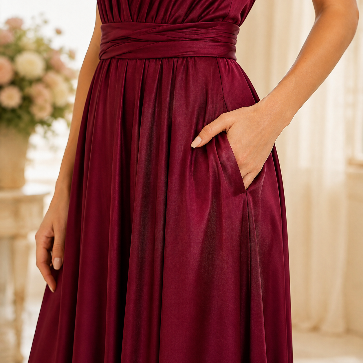 color:Burgundy | Burgundy infinity dress pockets A close-up of a woman wearing a sleeveless, floor-length burgundy dress with a gathered waist and side pockets, standing in a softly lit indoor setting.