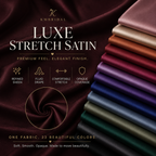 color:ALL | Promotional fabric swatch display for KMBRIDAL Luxe Stretch Satin, showing a draped deep burgundy satin on the left and a stack of folded satin fabrics in multiple colors on the right. Text highlights features like refined sheen, fluid drape, comfortable stretch, and opaque coverage.