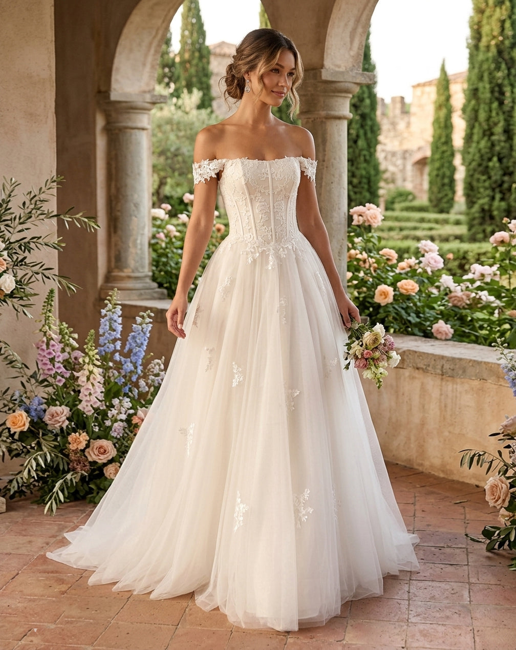 Darissa – Off-the-Shoulder Corset Ball Gown with Lace-Up Back & Convertible Lace Skirt