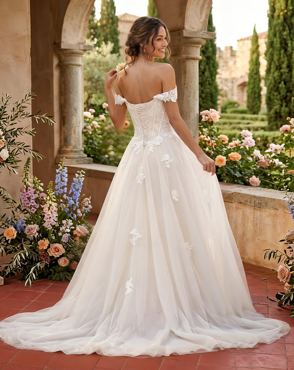 Darissa – Off-the-Shoulder Corset Ball Gown with Lace-Up Back & Convertible Lace Skirt