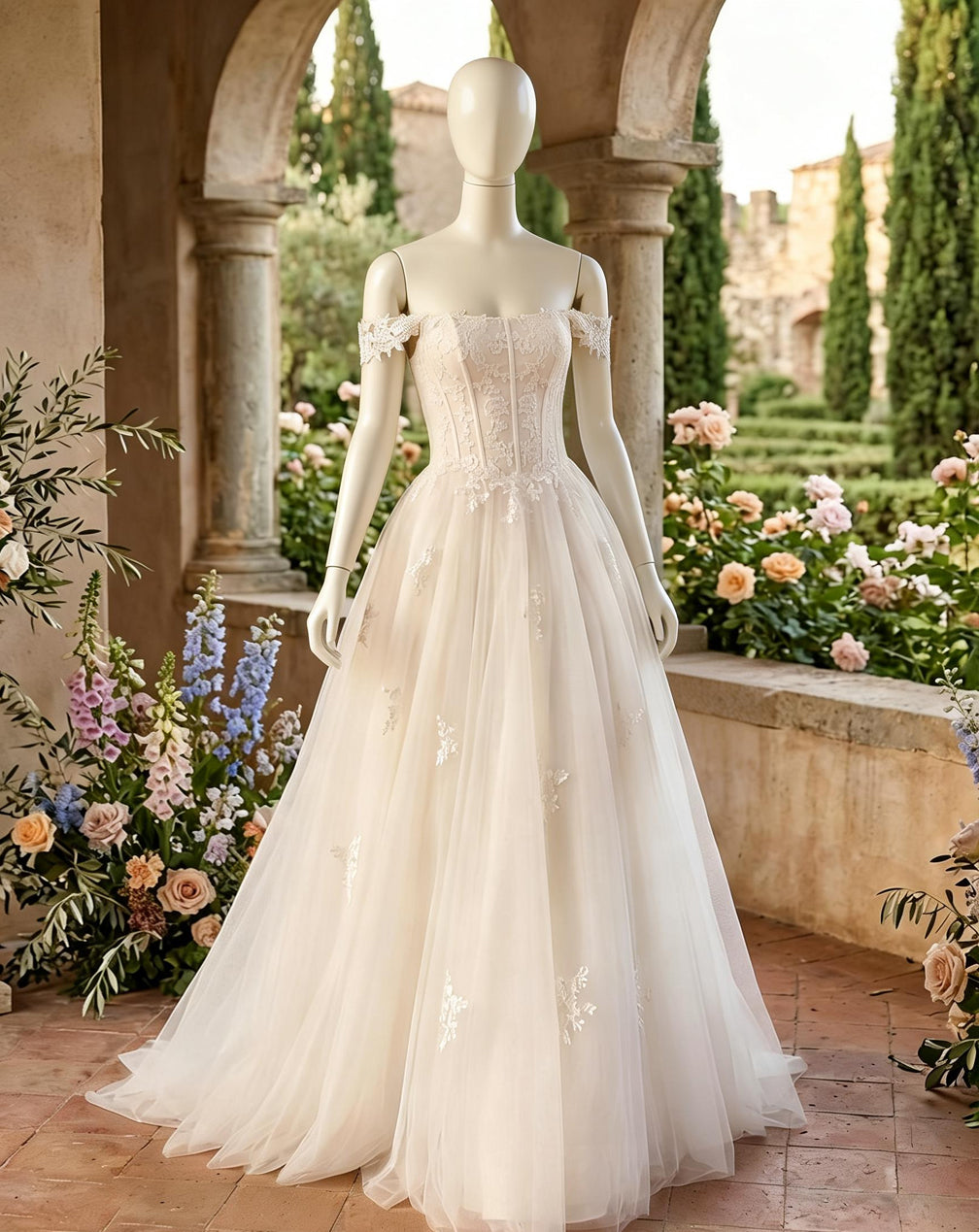 Darissa – Off-the-Shoulder Corset Ball Gown with Lace-Up Back & Convertible Lace Skirt