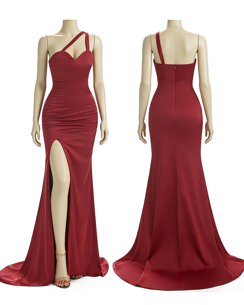 Elena ¨C One-Shoulder Satin Mermaid Bridesmaid Gown with Elegant Side Slit