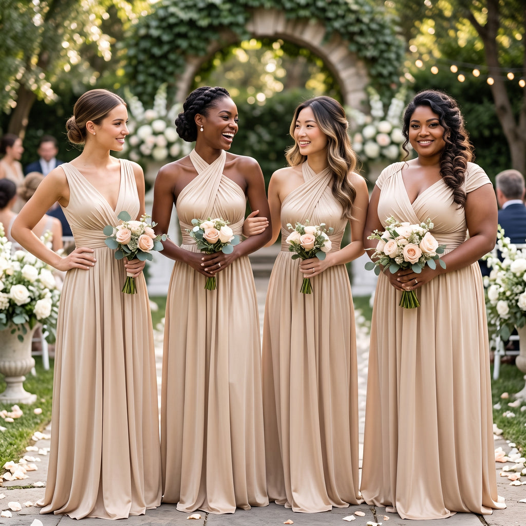 color:Champagne | Four bridesmaids standing outdoors in a garden setting, wearing matching sleeveless champagne-beige floor-length wedding dresses and holding small blush rose bouquets.