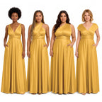 color:Gold | Four women modeling matching floor-length yellow bridesmaid dresses with different neckline and sleeve designs, standing against a plain white background.