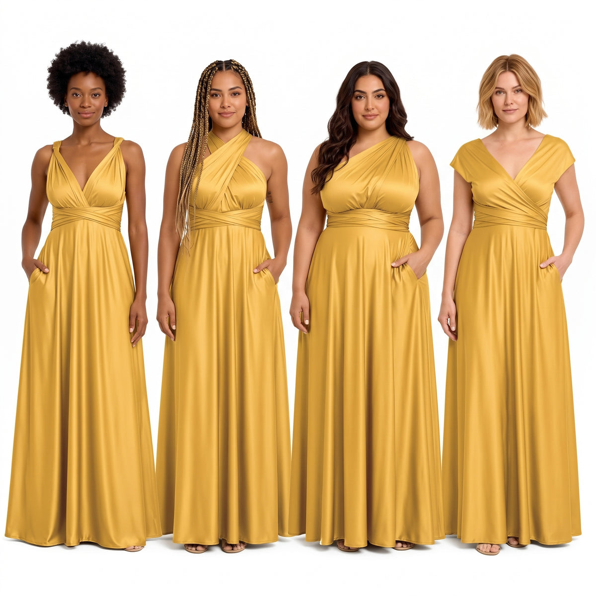 color:Gold | Four women modeling matching floor-length yellow bridesmaid dresses with different neckline and sleeve designs, standing against a plain white background.