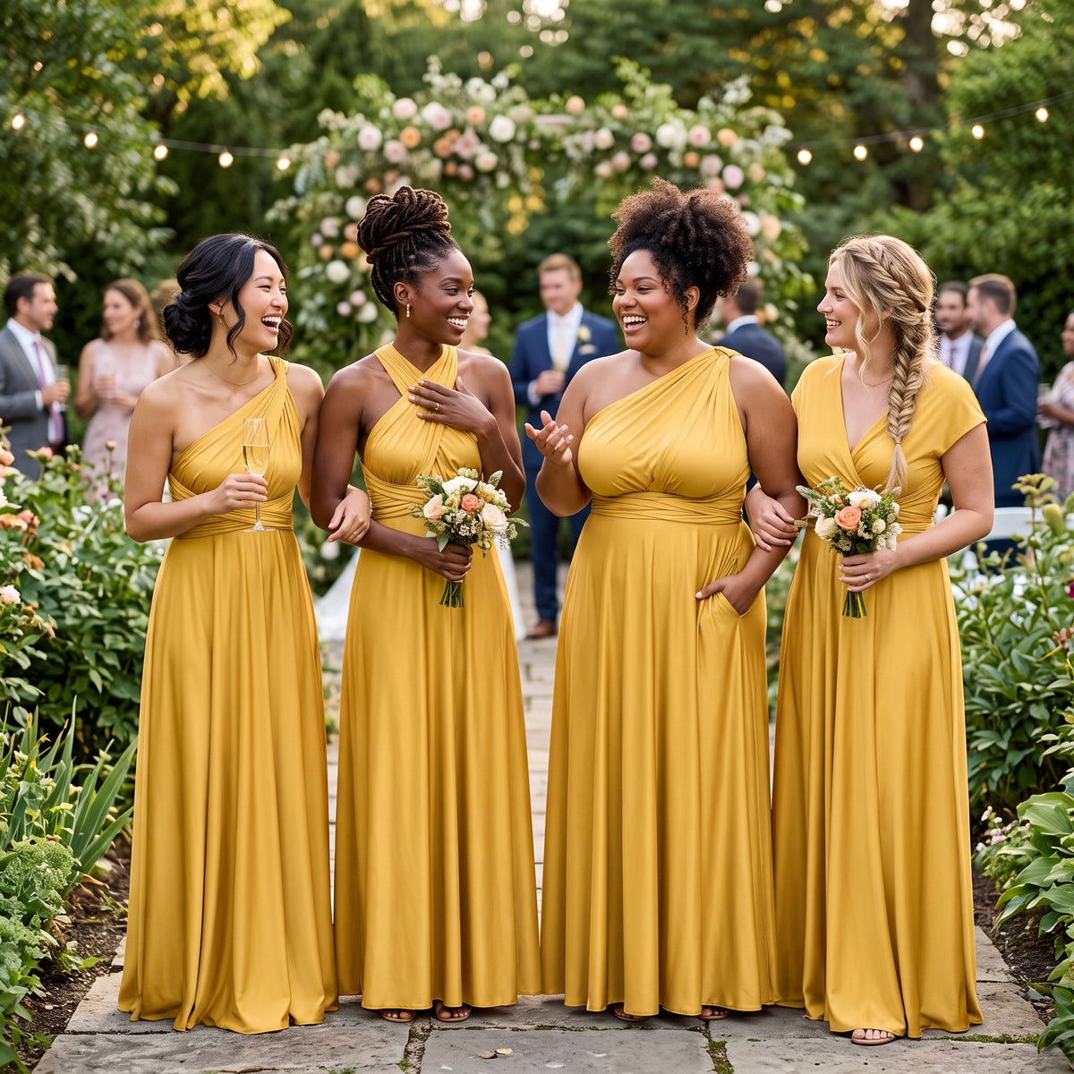 color:Gold | Four bridesmaids in matching mustard yellow one-shoulder maxi gowns stand together on a garden path, smiling and holding small bouquets. Guests and garden foliage are visible in the background.