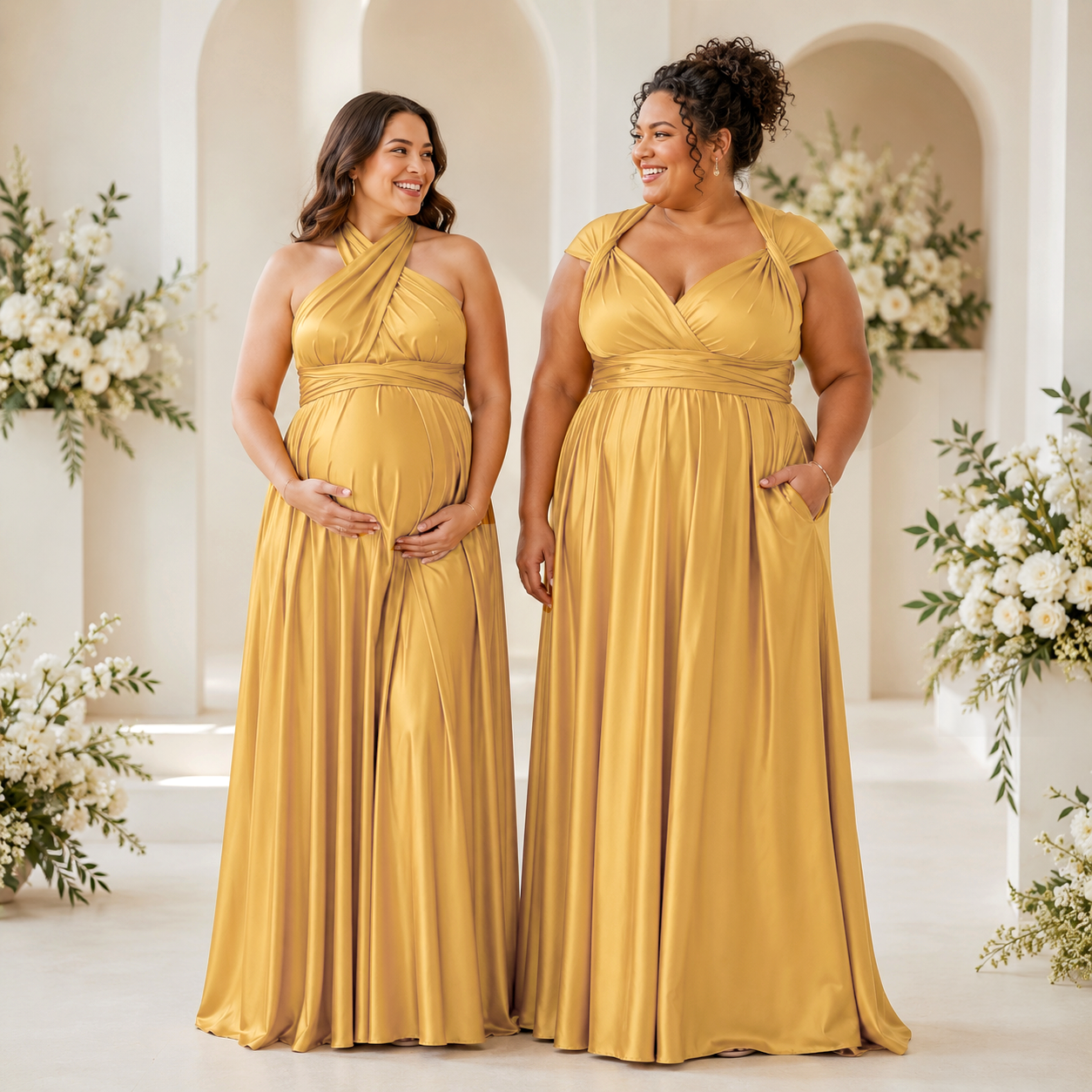 color:Gold | Two women wearing matching floor-length gold bridesmaid dresses stand in a bright, arched indoor setting with white floral arrangements. One dress has a halter neckline and the other has a ruched V-neck with side pockets, both in a satin-like fabric.