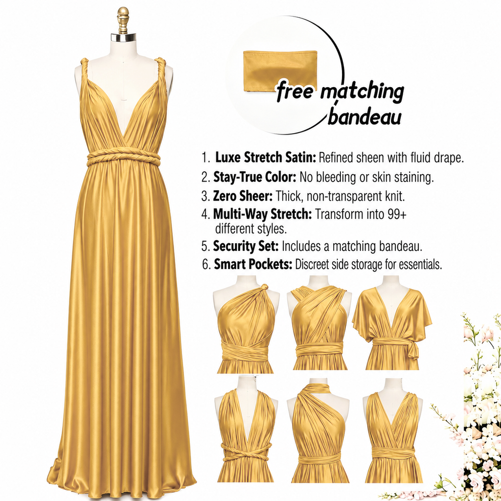 color:Gold | A gold satin maxi dress displayed on a mannequin against a white background, with a matching gold bandeau shown in a small inset and product feature text listing benefits and transformation styles.