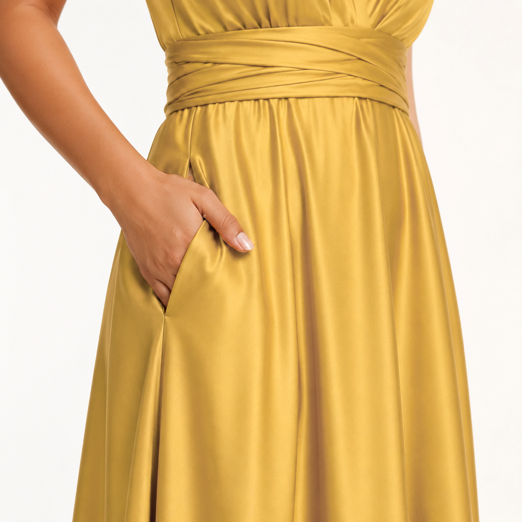 color:Gold | Close-up of a woman wearing a satin-like mustard yellow dress with a gathered waistband and side pocket, shown against a plain light background.
