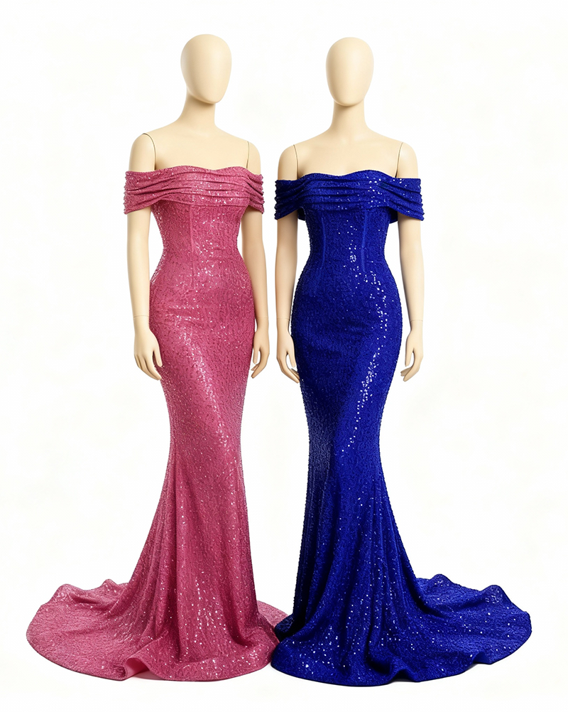 Harriet â€?Off-Shoulder Cowl Neck Mermaid Evening Gown with Sequined Detailing