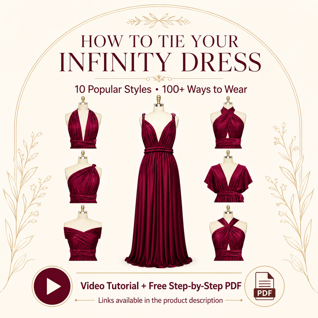 color:ALL | Promotional graphic for a PDF tutorial titled 'HOW TO TIE YOUR INFINITY DRESS' showing a deep burgundy infinity dress on a mannequin in the center, with smaller views of the same dress in alternative styles around it. Text reads '10 Popular Styles • 100+ Ways to Wear,' 'Video Tutorial + Free Step-by-Step PDF,' and includes PDF icon and play button on a cream background with decorative gold botanical framing.
