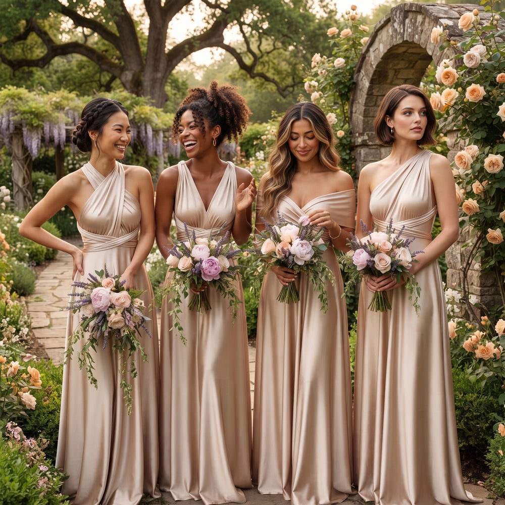 Champagne infinity bridesmaid dresses for an elegant winter wedding