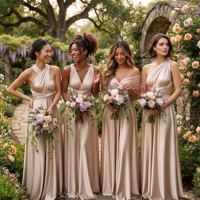 Champagne infinity bridesmaid dresses for a mismatched wedding