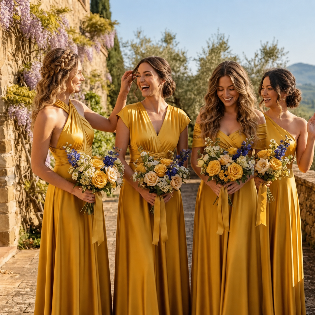 Bridesmaids wearing gold infinity bridesmaid dresses at an elegant wedding