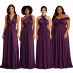 color:Grape |Four women modeling floor-length bridesmaid dresses in a deep plum purple color, shown against a plain white studio background.