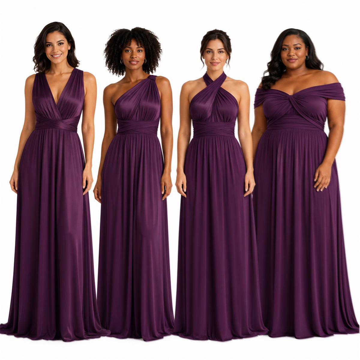 color:Grape |Four women modeling floor-length bridesmaid dresses in a deep plum purple color, shown against a plain white studio background.