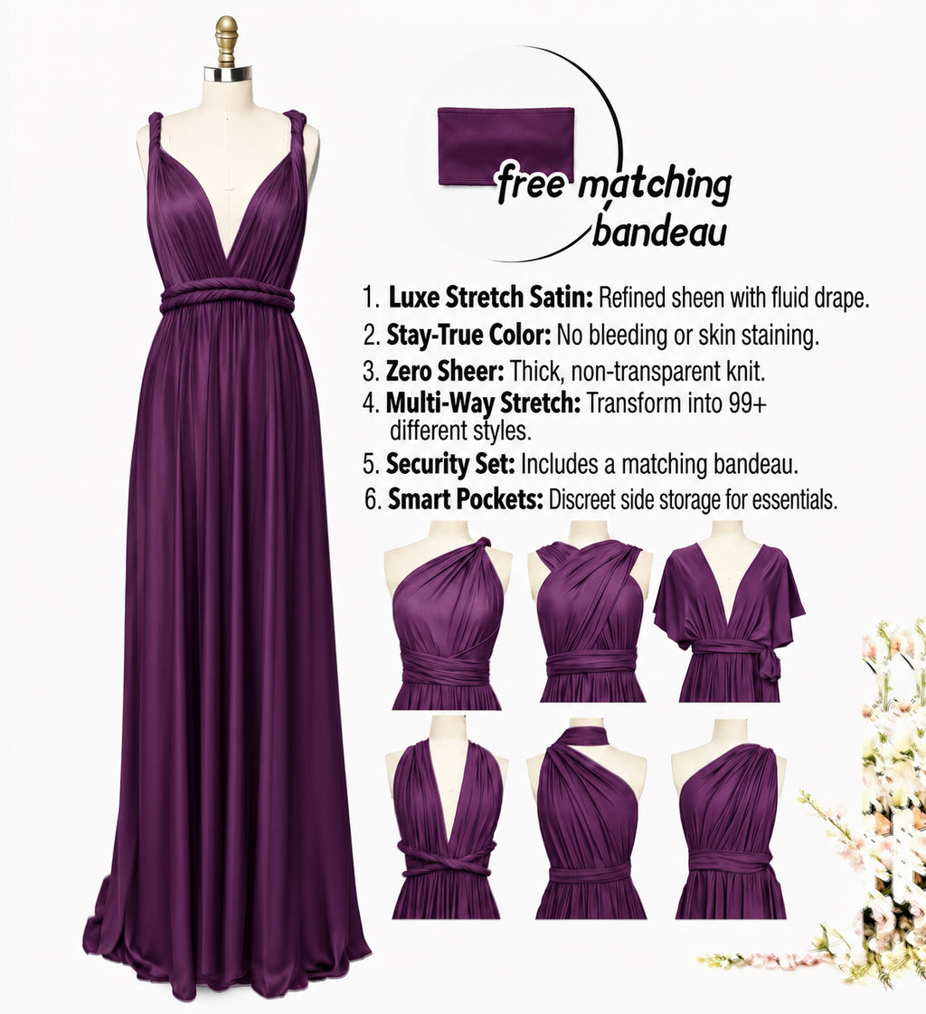 color:Grape |A purple sleeveless maxi dress displayed on a mannequin, with a matching fabric swatch and a list of features on a white background. Smaller mannequin views show alternative draped styles of the dress.
