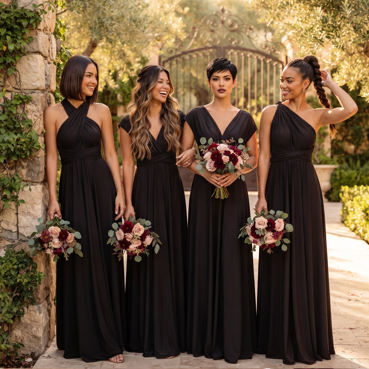 Black infinity bridesmaid dresses with pockets at an elegant wedding