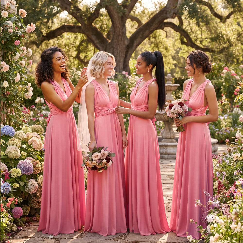 Blushing pink infinity bridesmaid dresses for a sunset beach wedding