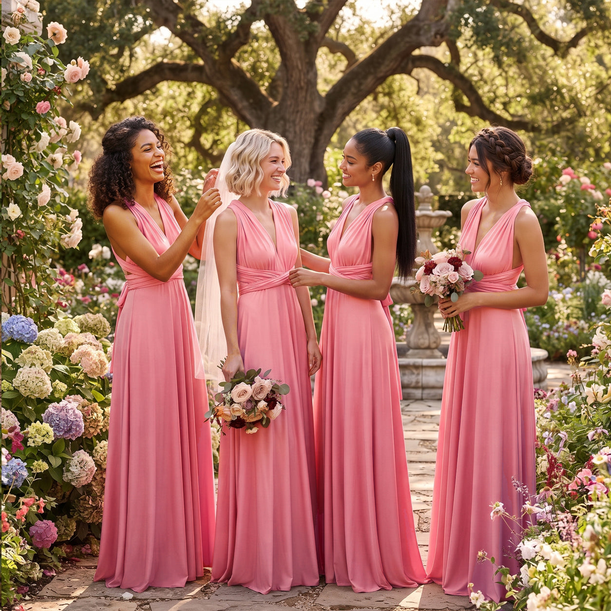 Bridesmaids wearing blushing pink infinity bridesmaid dresses at a romantic wedding