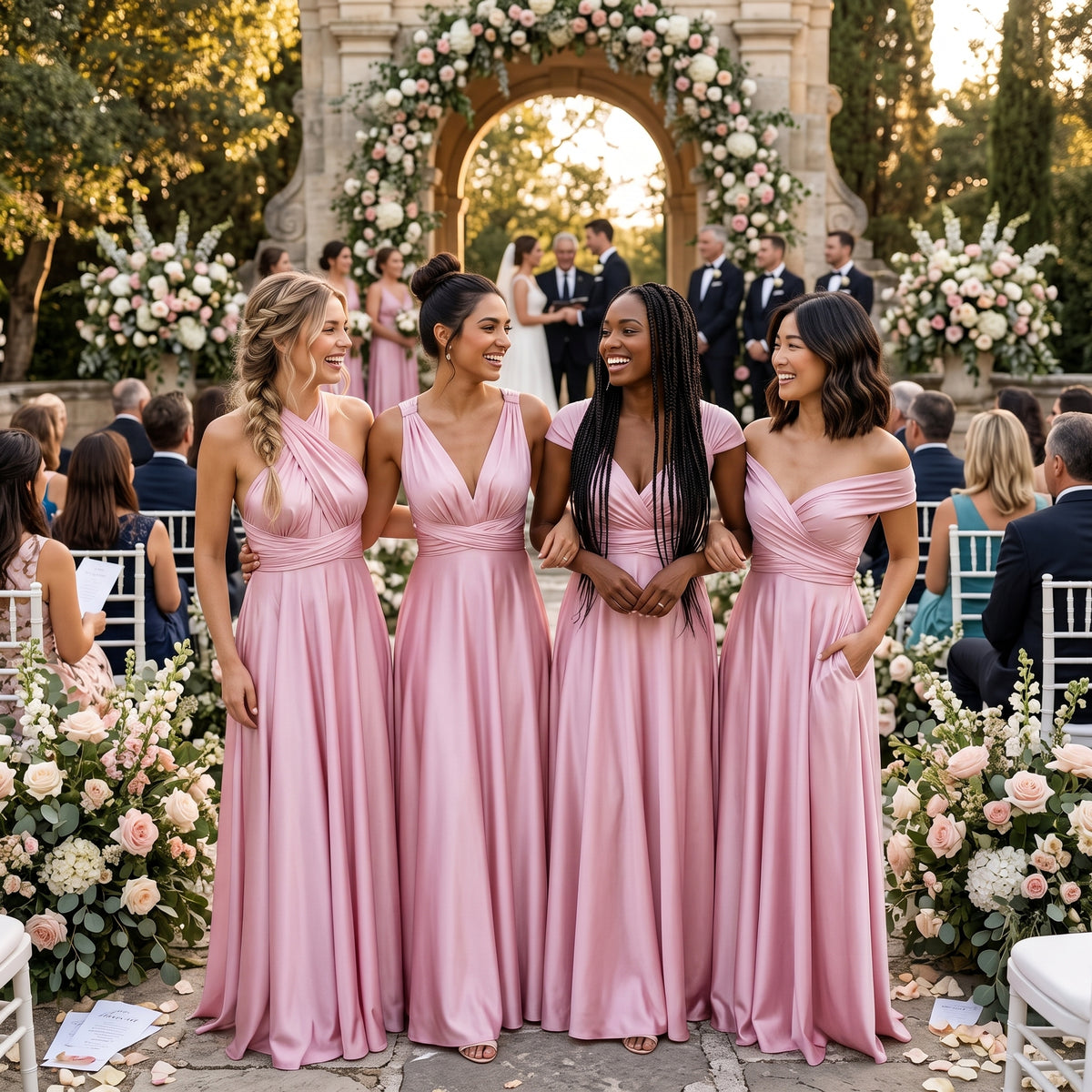 color:Blushing Pink |  Four bridesmaids in matching floor-length blush pink off-the-shoulder and V-neck dresses standing together outdoors at a wedding ceremony, with guests, white chairs, and floral arch decorations in the background.